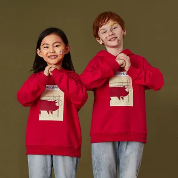 

2019Spring New Year Pig Centenario Boy Girl Print Hoodies Thin O-neck Sweatshirts Unisex Cotton Casual Red Hoodies Kid Pullover