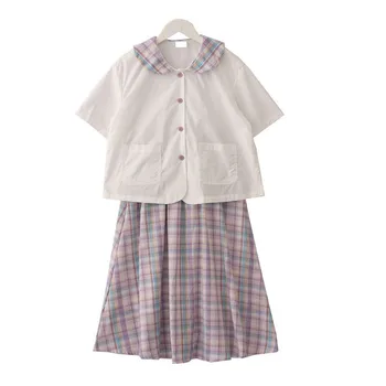 

2020 summer new Japanese age-reducing doll collar short sleeve shirt mid-length plaid skirt two-piece suit