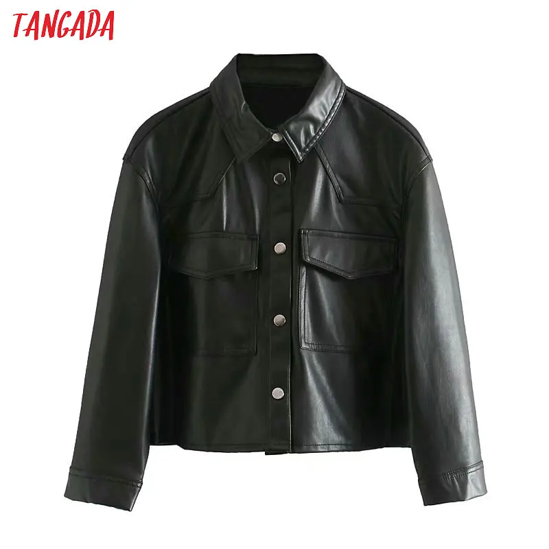 Tangada, женская черная куртка из искусственной кожи, пальто, короткий стиль, отложной воротник, женская уличная куртка с длинным рукавом, пальто 5Z92