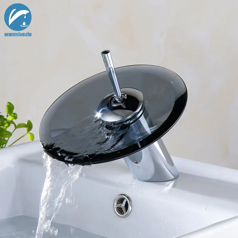 

Colorful Glass Waterfall Bathroom Basin Sink Faucet Chrome Basin Sink Faucet Single Lever Deck Mounted Round Mixer Tap