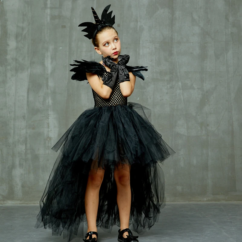 Black Dark Angel Girls Tutu Dress V-neck Train Girls Pageant Evening Party Ball Gown Fancy Dresses Kids Halloween Witch Costume (17)