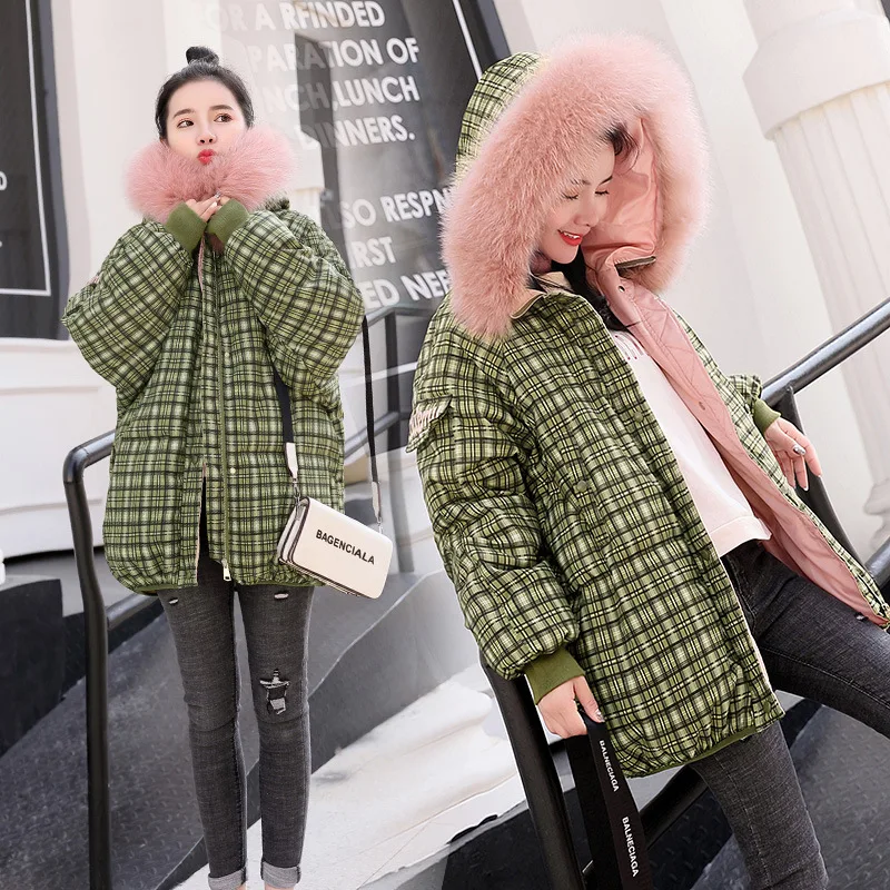 

Cotton-padded Clothes Women's Mid-length Hooded Loose-Fit 2019 Winter New Style Fashion Warm Hooded Large Fur Collar Plaid Thick
