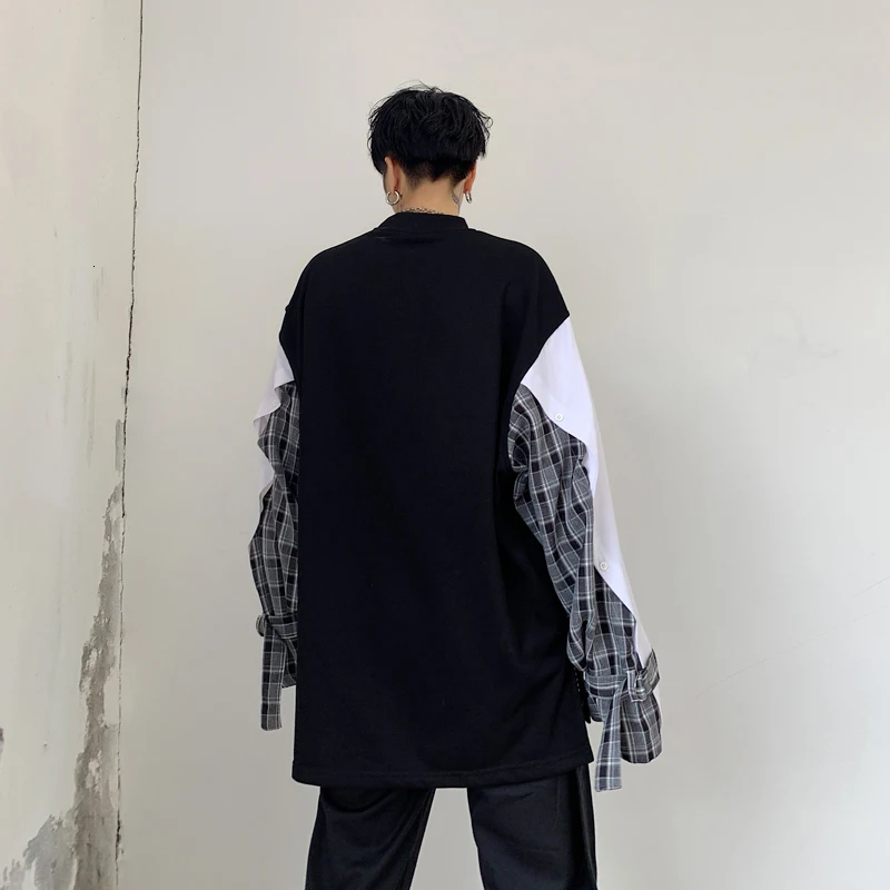 EWQ / Autumn Winter Men's Clothing Tide Personality Lattice Hit Color Patchwork Design Loose Sweatshirt For Male 19H-a213
