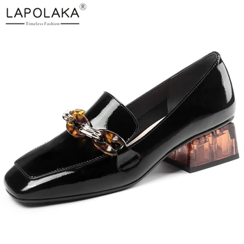 

Lapolaka Hot Design 2020 Genuine Cow Leather Office Lady Pumps Woman Shoes Metal Decoration Slip On Chunky Heels Shoes Women