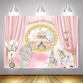 

Circus Happy Birthday Party Banner Backdrop for Photography Pink Curtain Circus Animals Acrobatics Show Background Photo Studio