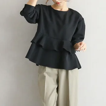 

Women Hoodie 2020 Spring Fall Korean Fashion Solid Color Round Neck Ruffles Patchwork Chic Pullovers Female Tops 5 Colors