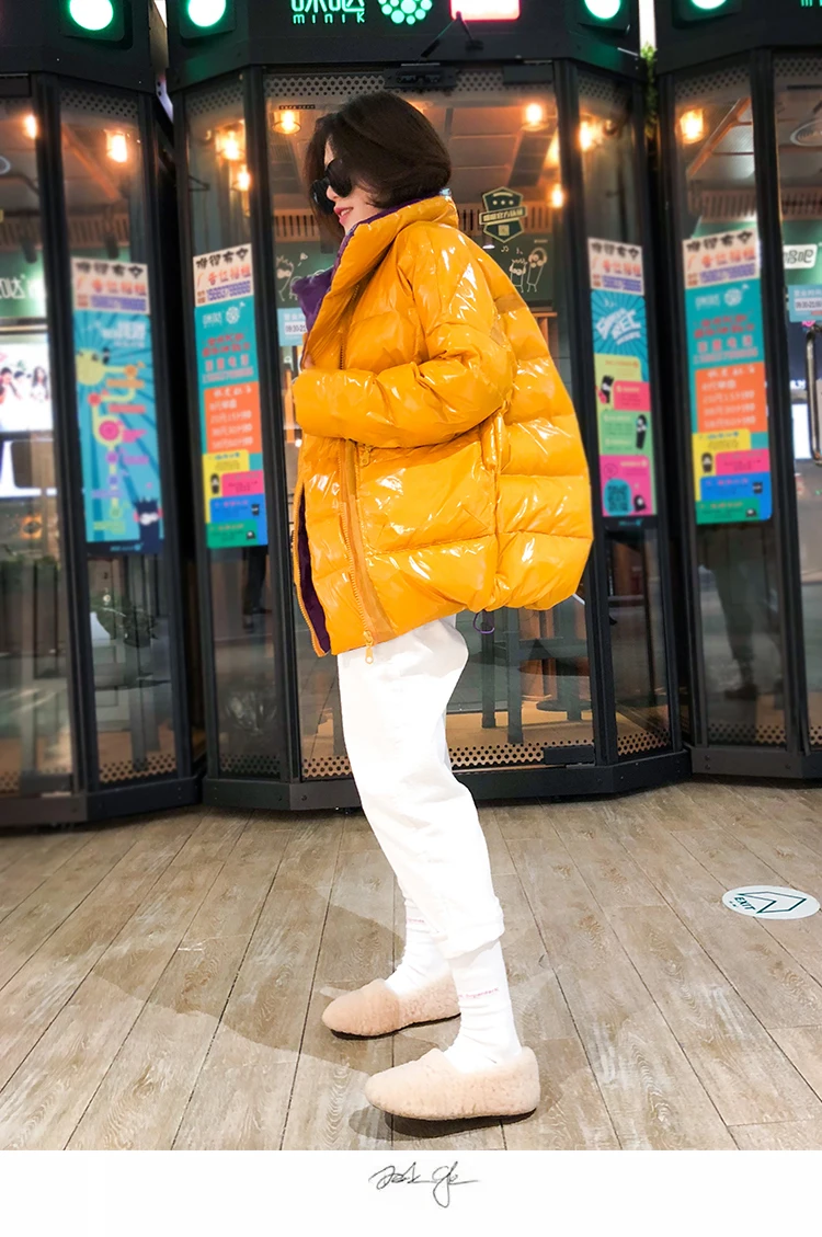 Осенне-зимняя модная женская куртка глянцевая лакированная свободная пуховая хлопковая Куртка парка Стеганое теплое пальто Женская хлебная верхняя одежда