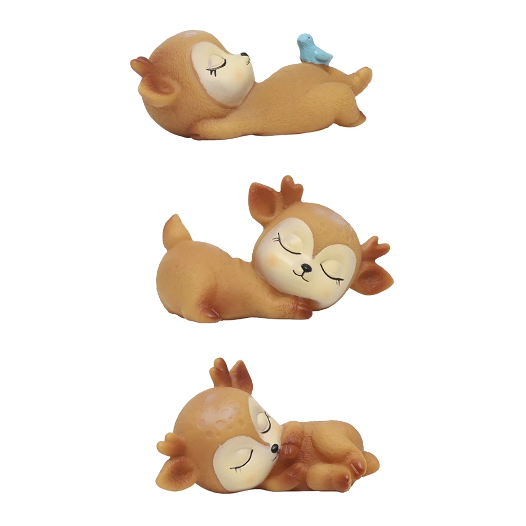 3pcs Miniature Animal Ornaments Cute Deer Figurines Toys Kawaii Sleeping Baby Decor for Home Shop Office Tabletop Display
