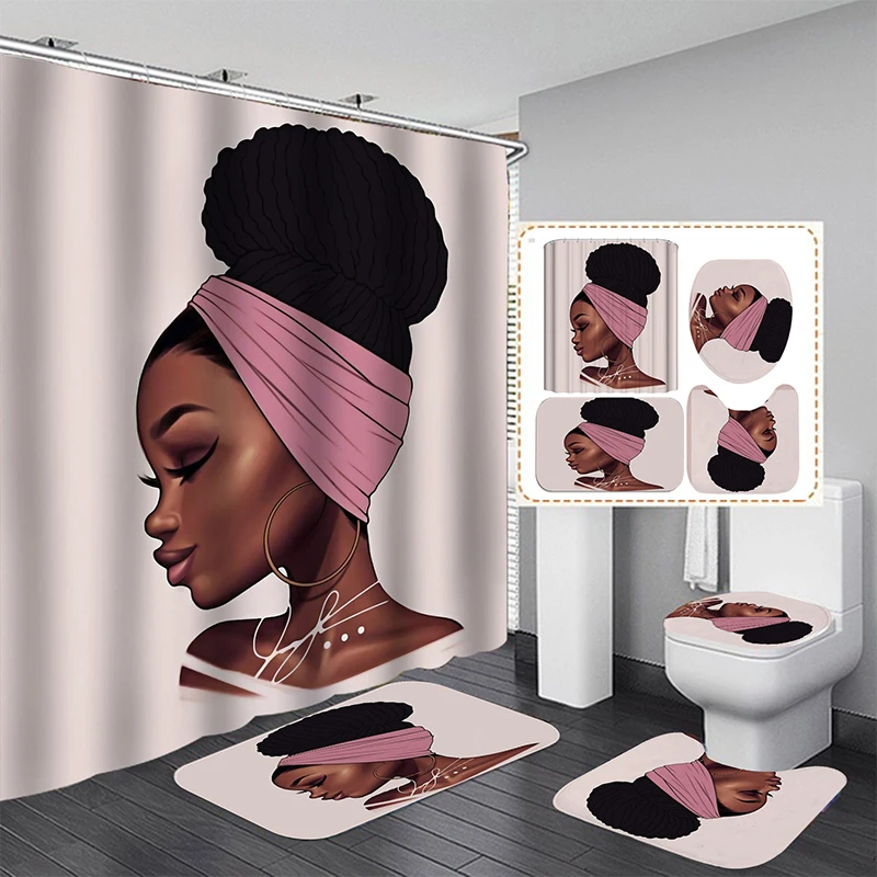 Cute African Girl Shower Curtain Set Waterproof Bathroom Curtains with Anti-slip Bath Mat Toilet Lid Cover Doormat Kitchen Rugs