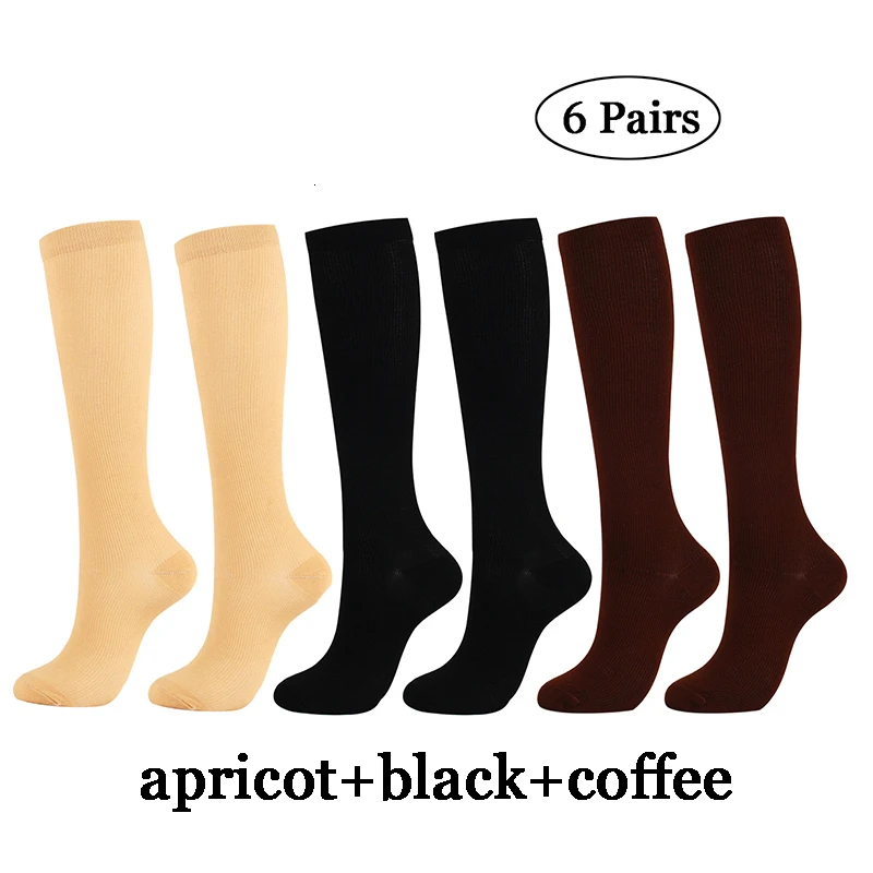 6 пар/лот, белые, черные, серые компрессионные чулки, Компрессионные носки для ног, унисекс, 15-20 мм рт. Ст., для бега, нейлоновые, для мужчин и женщин, спортивные - Цвет: apricot-black-coffee