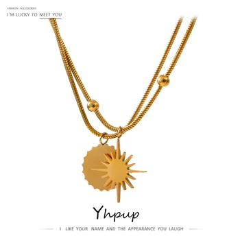 Star Round Pendant Necklace Statement Metal Chain Layered Golden Collar Necklace