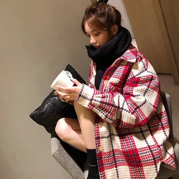 

Winter Jacket Women 2019 Winter New Red and White Plaid Coat Coat Thickening Straight Large Size Winter Woman Coats