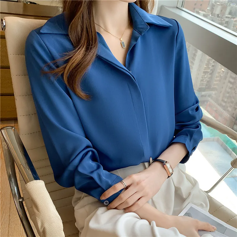 2021 New Korean Fashion Women Tops and Blouse Royal Blue Chiffon Long  Sleeve Shirt Solid Color Blusas Female Vintage Top 1280
