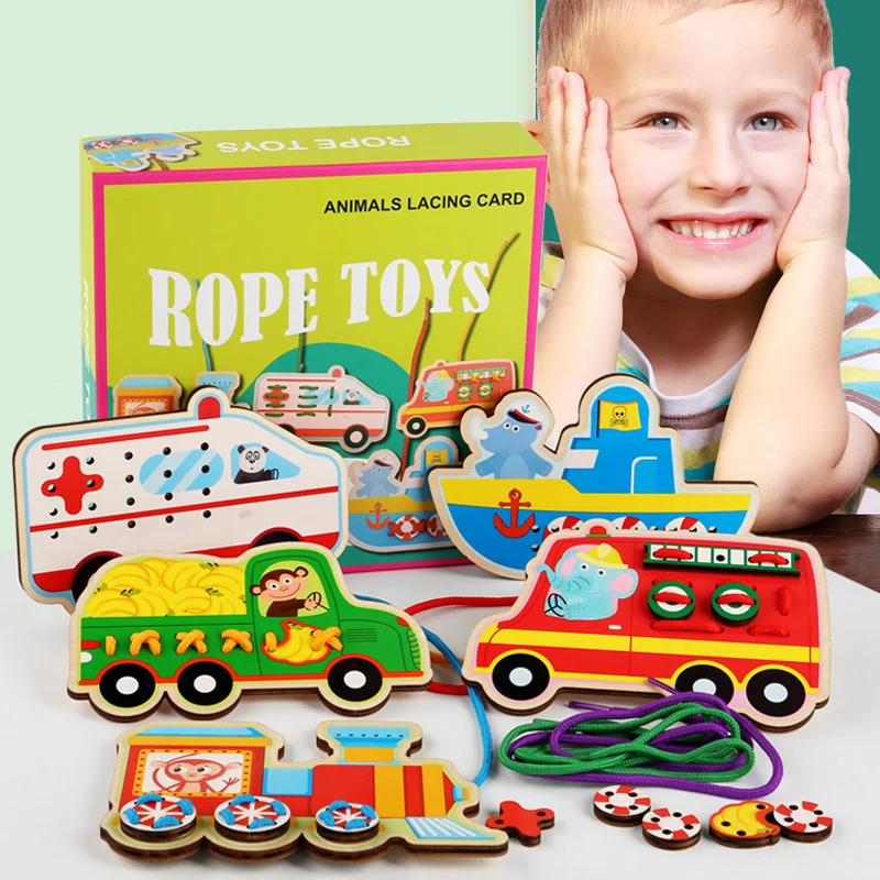 

Baby Toy Wooden DIY Puzzle Lacing Card Cartoon Animal wooden Rope game Handwork for children Educational Monterssori Toy for kid