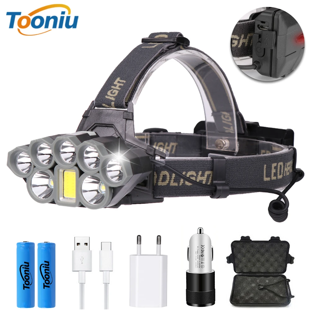 

USB Rechargeable LED Headlamp Powerful 6 Light Mode T6+COB Waterproof Headlight with Tail Warning Light Using 2 18650 Batteries