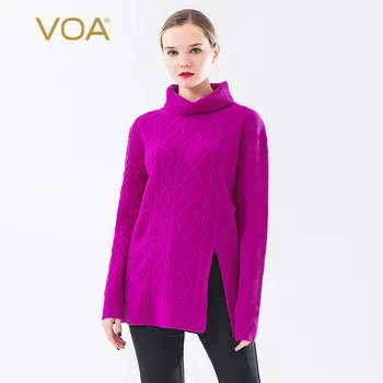 

VOA pure cashmere curled thread high collar mother needle off shoulder long sleeve stripe split knitwear RH192