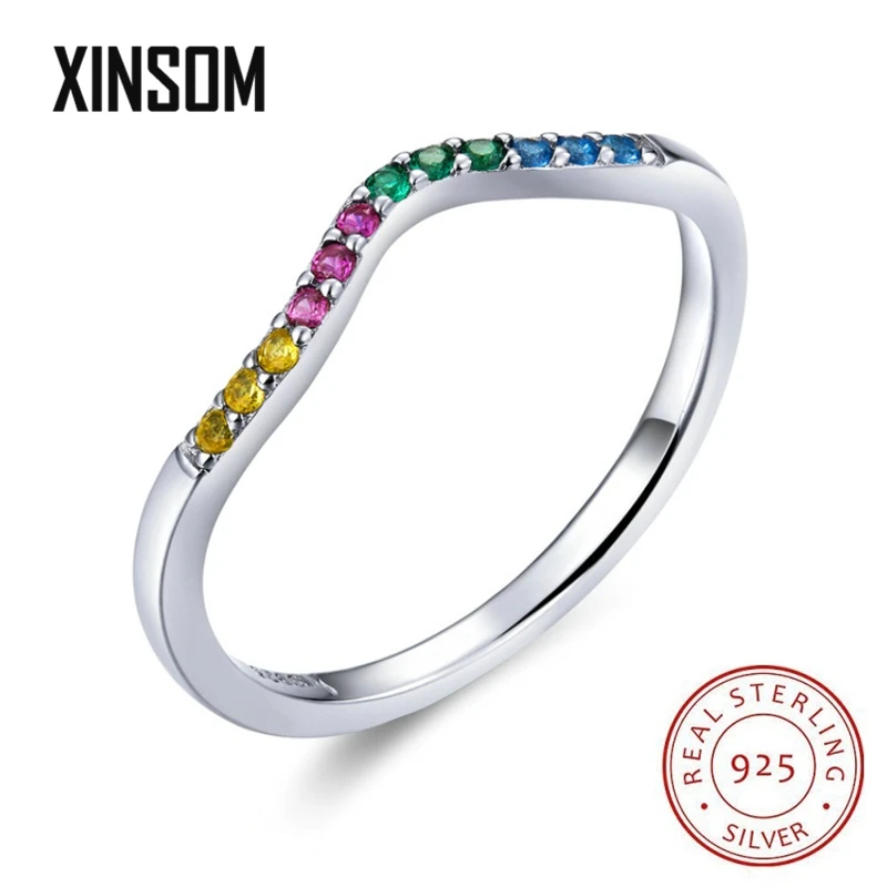 

XINSOM 100% Real 925 Sterling Silver Rainbow Wave Finger Rings For Women Colorful CZ Paved Engagement Wedding Jewelry 20XS1236