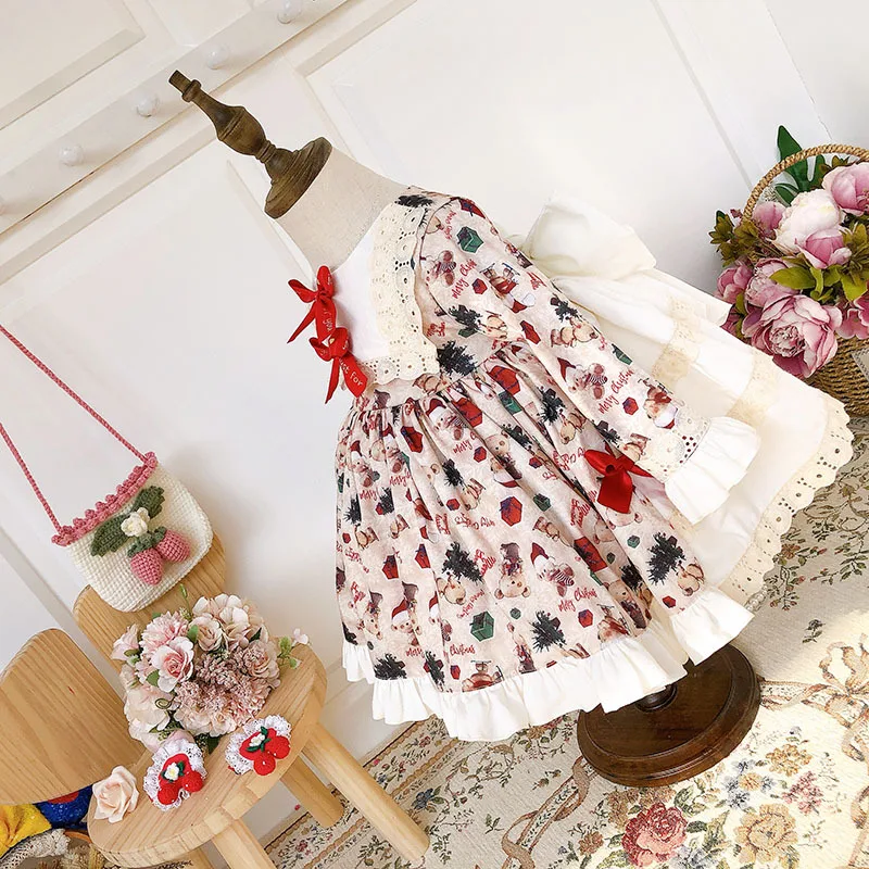 2020winter New Christmas Velvet Plus-thick Princess Dress Full of Cartoon Pattern Lolita Oversized Kids Dresses for Girls | Детская