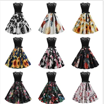 

summer dress women lace o neck print flower Vintage dresses office Elegant Party Dress