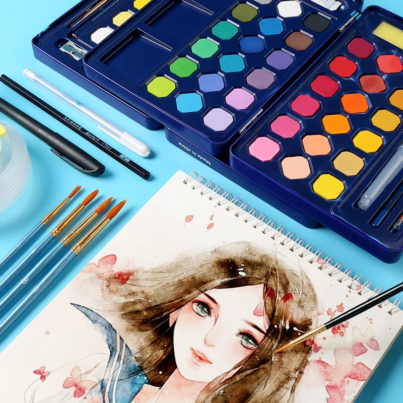 

12/18/24/36/48Colors Solid Pigment Paints with Waterbrush for Drawing Painting Watercolors Suit Pigment for Draw Art Supplie