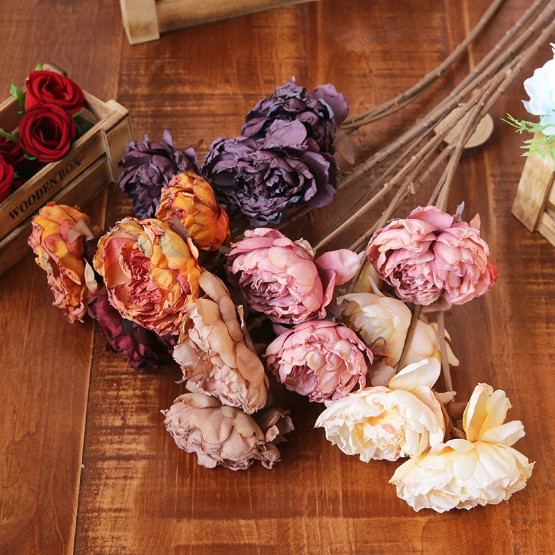 Peonía de 3 cabezas para bodas, simulación de flor falsa, tres peonías  tostadas secas, venta al por mayor|Flores artificiales y secas| - AliExpress