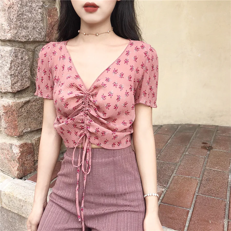 

Lychee Girls Sexy Flower Print Women Blouse Shirt Summer Lace Up Women's Blouse Shirts Crop Summer Chiffon Lady Shirt Blouse
