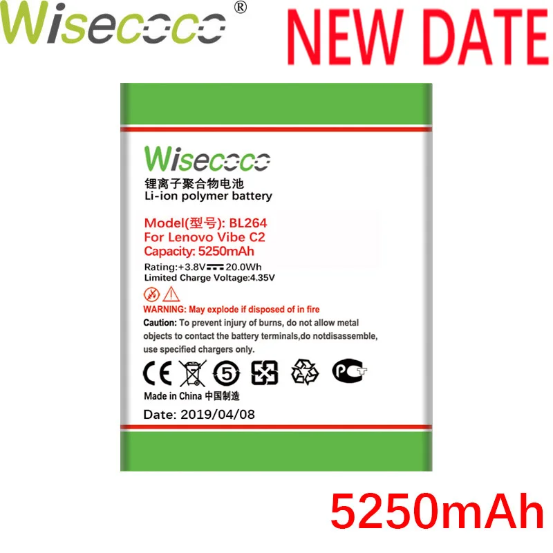 

Wisecoco BL264 5250mAh New Production Battery For Lenovo Vibe C2 Power Phone High qualtiy battery Replacement+Tracking Number