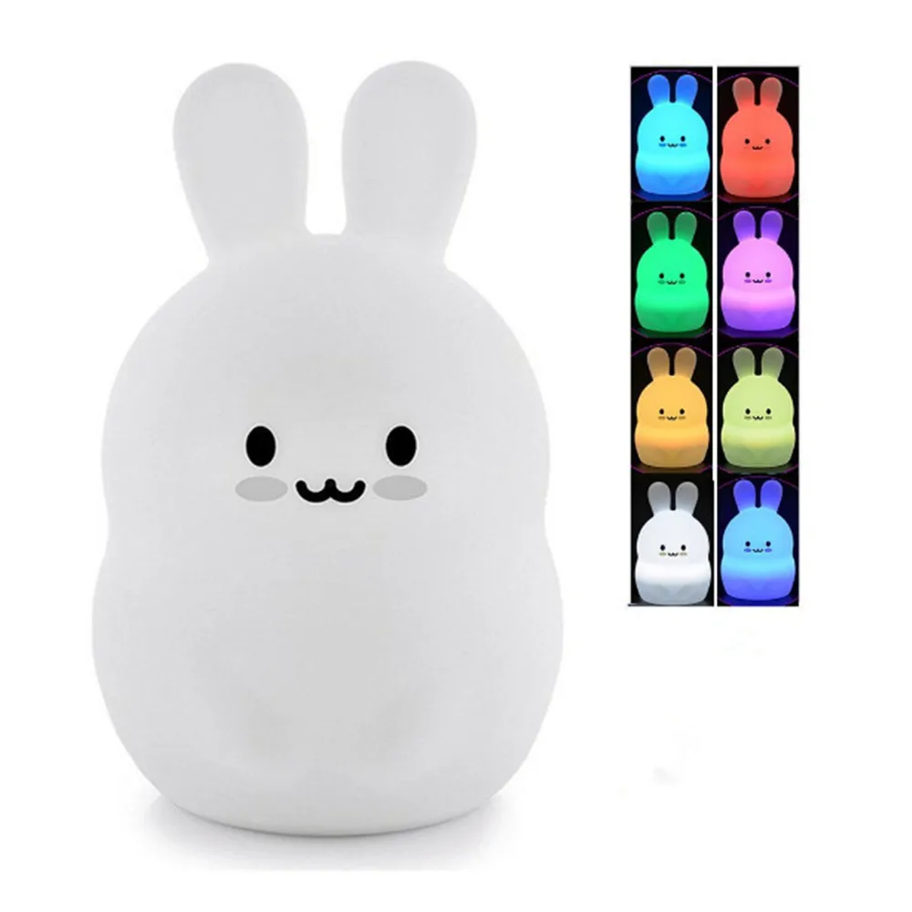 Мультфильм кролик светодиодный Ночной светильник сенсорный Сенсор 9 Цвета USB Батарея приведенный в действие силиконовые Ночники для Для детей подарок для ребенка