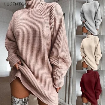 

Lugentolo Sweater Dress Women Knitted Long Turtleneck Solid Color Long Sleeves Pullovers Regular Casual Fashion