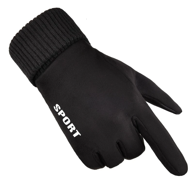 Зимние мужские перчатки для езды на велосипеде и мотоциклах, замшевые теплые рукавицы с сенсорным экраном, ветрозащитные перчатки для езды на велосипеде - Цвет: Black