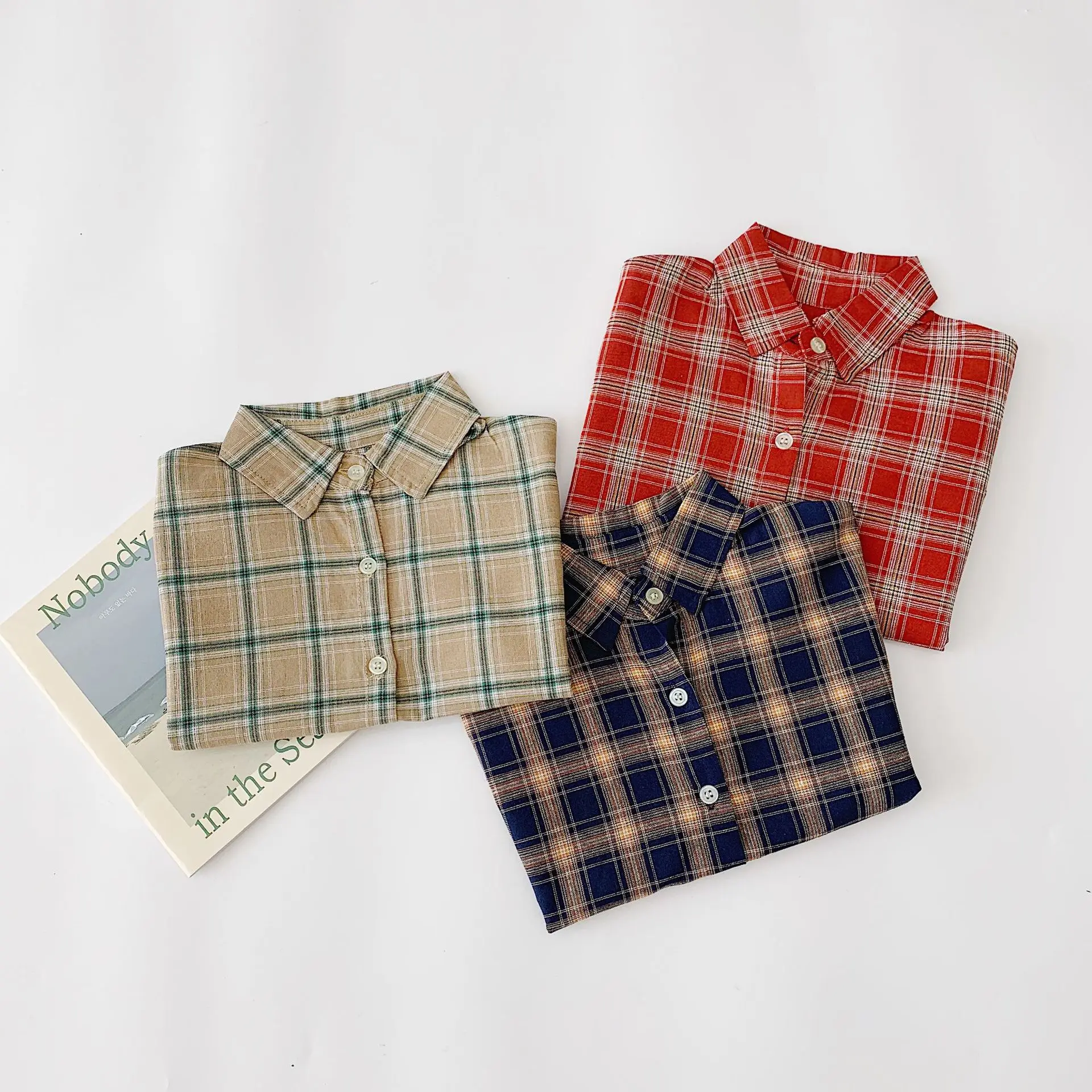 Spring Autumn Unisex Kids Fashion Plaid Shirts Long Sleeve Cotton Casual Tops Baby Girls Blouses Toddlers Kids Clothes LZ565
