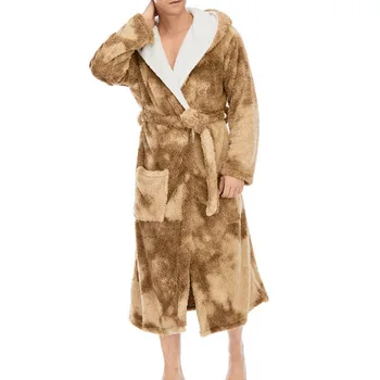 

Autumn/Winter Men Nightgown Kimono Bathrobe Gown Coral Fleece Negligee V-neck Intimate Lingerie Solid Colour Sleepwear