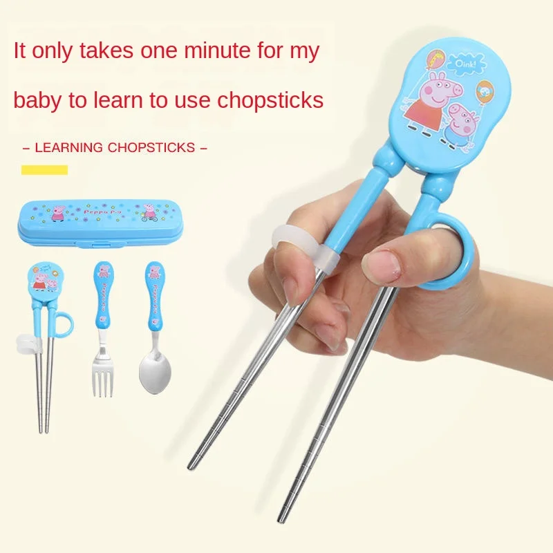 

Peppa Pig Stainless steel tableware training chopsticks children baby fork set spoon cartoon practice food supplement chopsticks