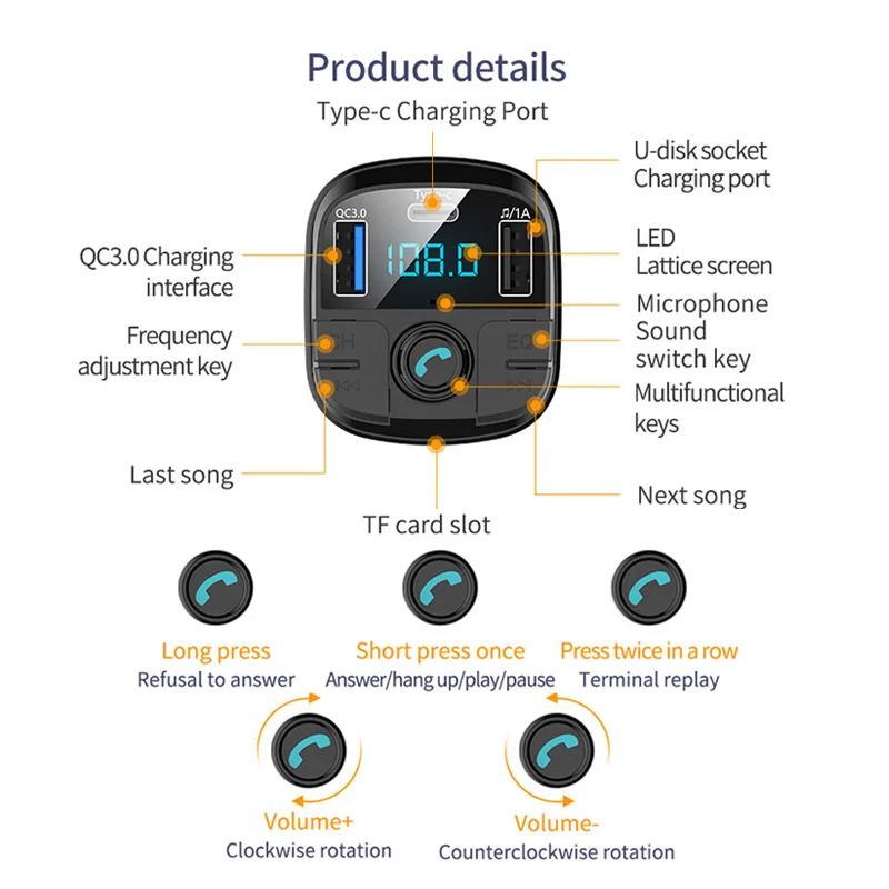 Автомобильный комплект jajabor с Bluetooth беспроводной fm-передатчик громкой связи Автомобильный MP3-плеер с зарядным портом типа C QC3.0 Быстрая зарядка