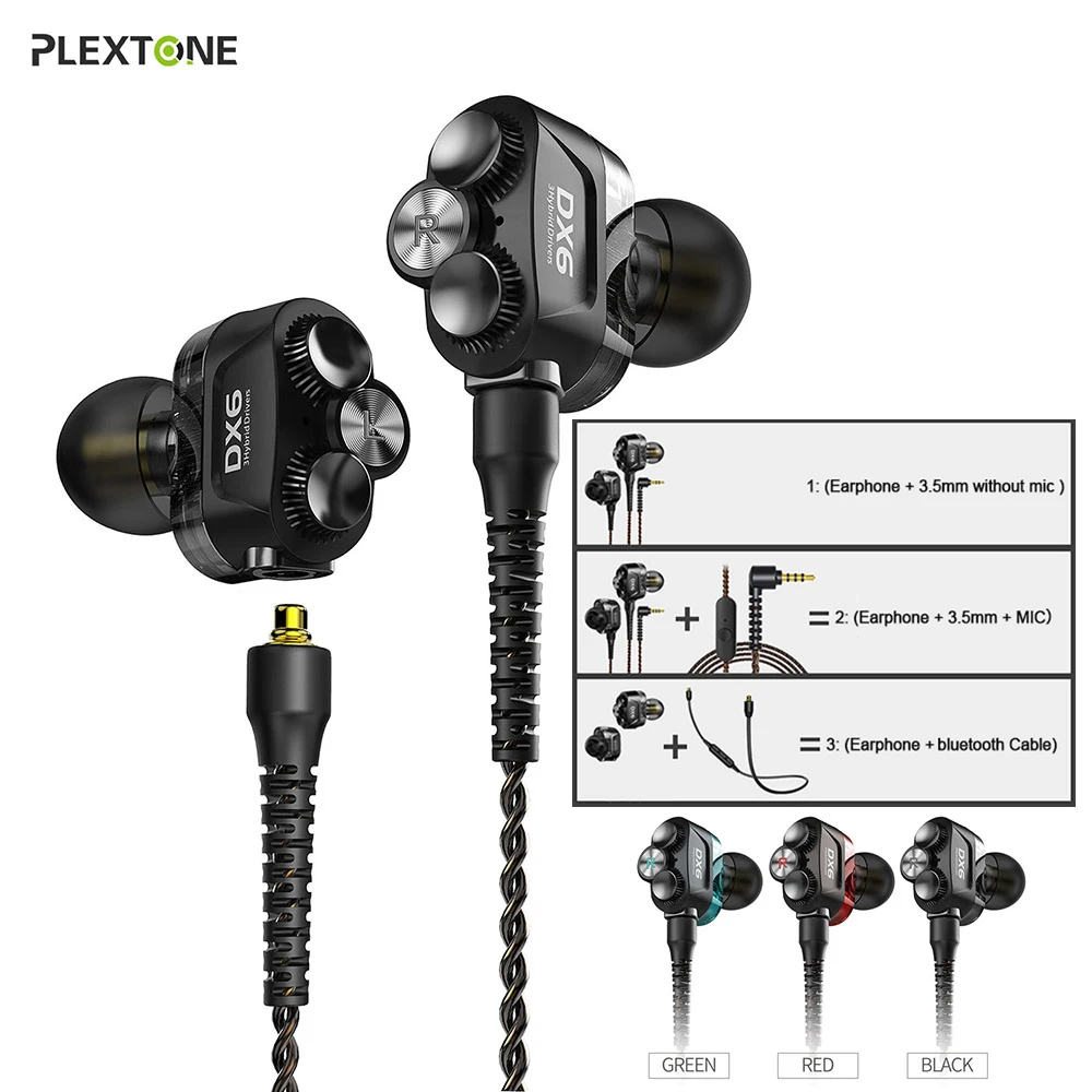 Plextone DX6 съемный наушник Комбинируемый Bluetooth три единицы гарнитура проводные наушники-вкладыши с микрофоном стерео бас для телефона xiaomi