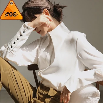 

Style Vintage England Blouse Autumn White Lantern Long Sleeve Big Pointed Lapel Simple Comfortable Loose Shirt Women