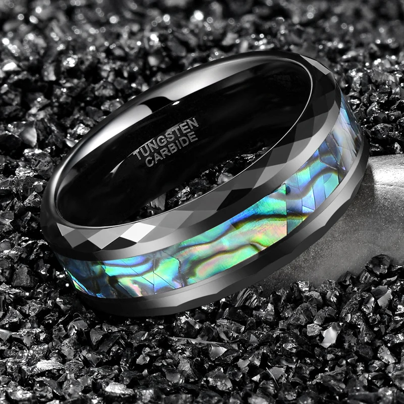 

TIGRADE Men Tungsten Ring Black Luxury Green Abalone Shell Rhombus Edged Finished Male Wedding Ring Unique Hawaiian Jewelry