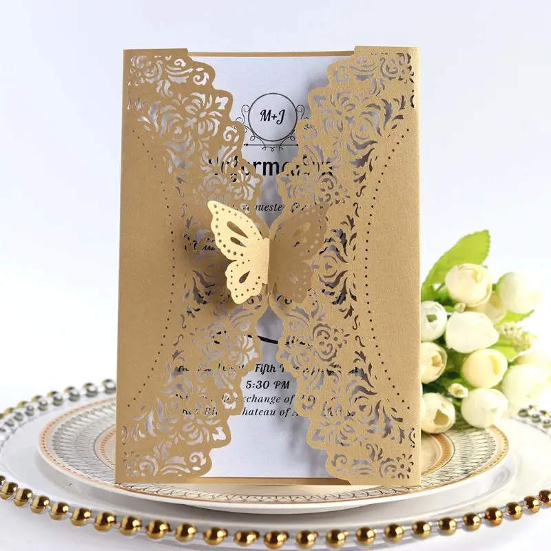  10pcs/set Glitter Laser Cut Lace Wedding Invitation Cards With Butterfly Bow For Wedding Bridal Sho - 4000036112398