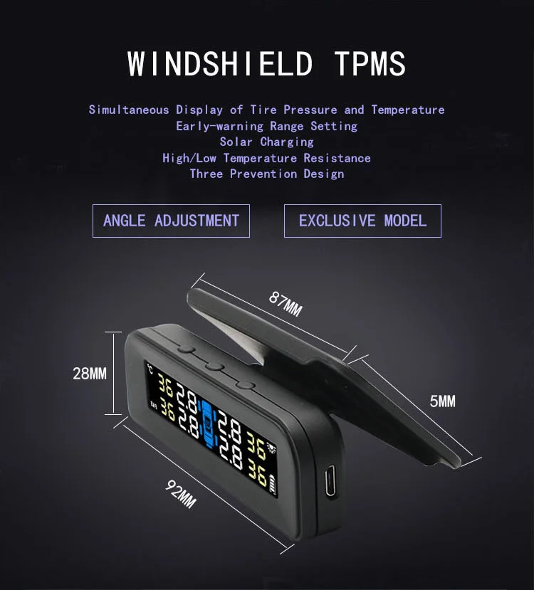 Система контроля давления в шинах с цветным экраном Tpms Sensorsolar, система безопасности автомобиля, интеллектуальное управление шинами, беспроводная, 4 колеса, внешняя интерна