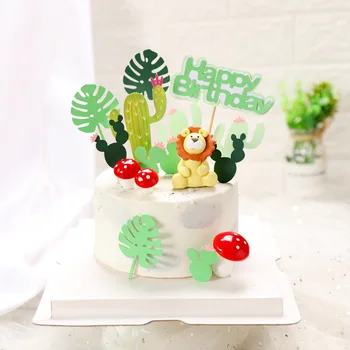 

Tropical Plants Set Jungle Animals Monkey Lion Tiger Dinosaur Elephants Cake Toppers Monstera Leaves Cactus Cake Party Supplies