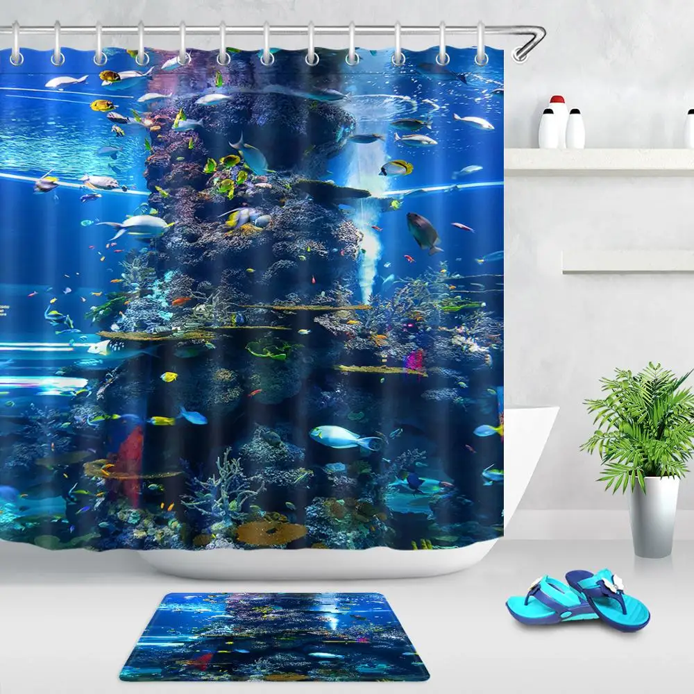 Underwater World Shower Curtain Marine Life Fish Fabric Bathroom Curtains Durable Waterproof