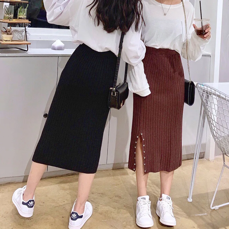 

2019 Autumn And Winter New Style Korean-style Knit Mid-length Beads One-step Skirt Slit High Waist Skirt Women's