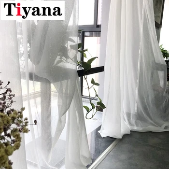 

White Sheer Curtains Silver Shiny Striped Tulle Curtains For Living Room Kitchen Modern Window Treatments tul cortina P396Y