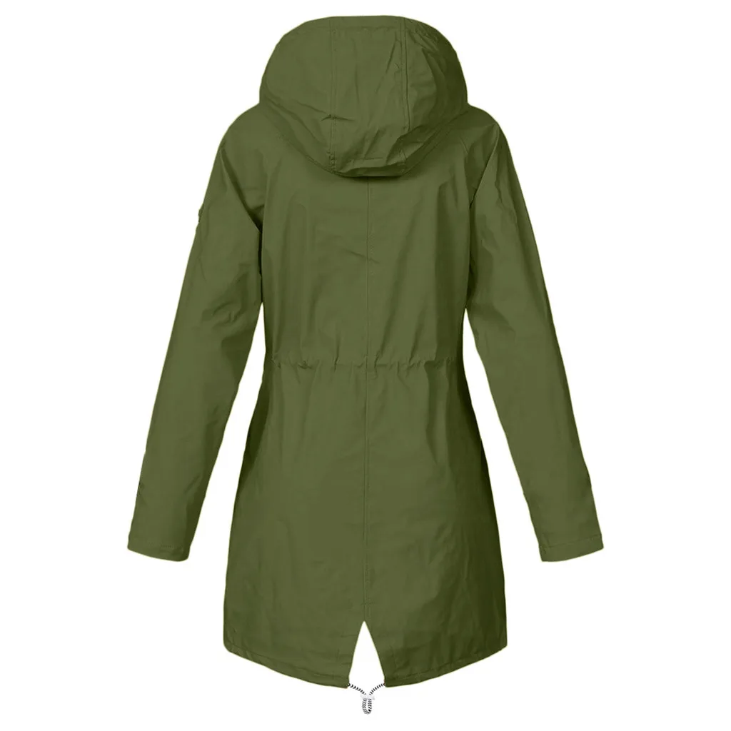 Четыре сезона женская одноцветная дождевая полиэфирная куртка уличная плюс размер Водонепроницаемая на молнии с капюшоном ветрозащитная Свободная верхняя куртка
