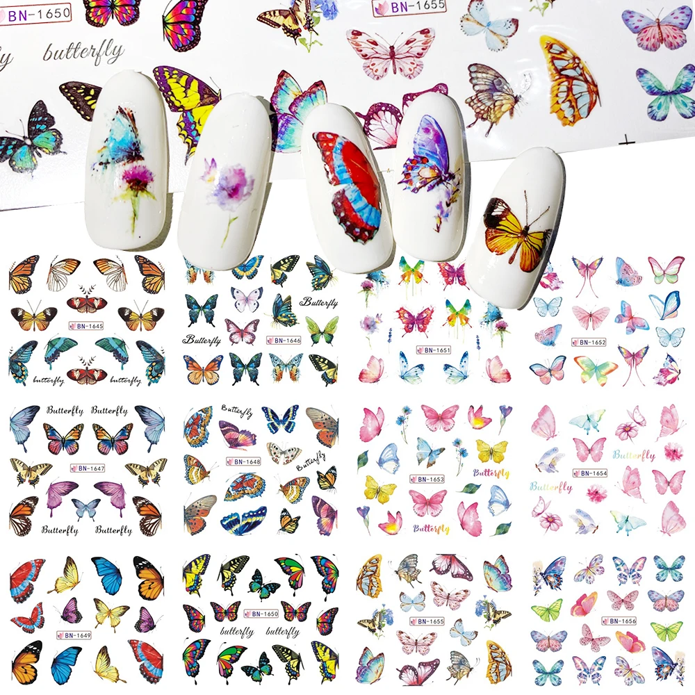 

12 Designs Butterfly Series Nail Sticker Colorful Water Tattoo Pattern For Manicures Nail Art Slider Decoration New BN1645-1656