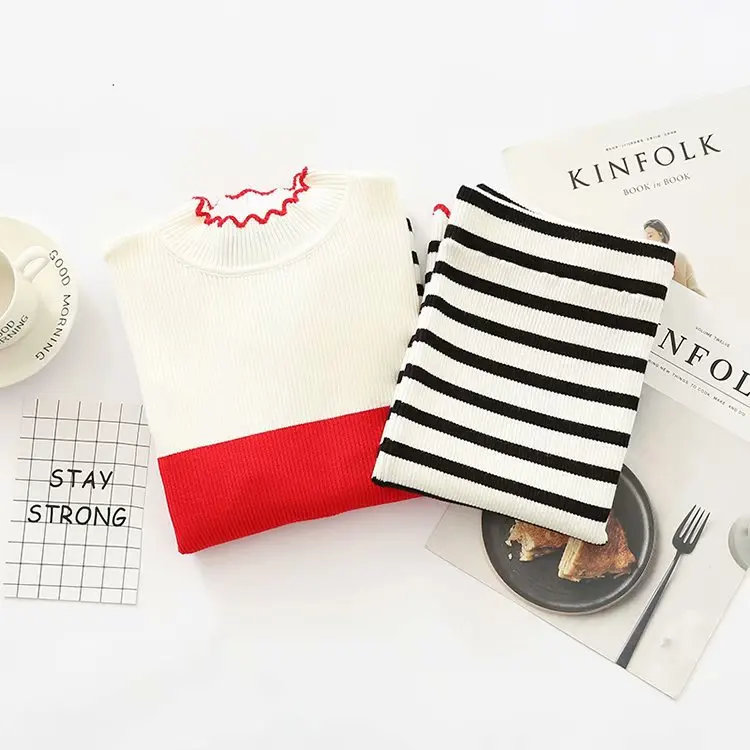 

Wavy Edge Stripes Contrast Color Sweater Tops Stripes Skirt Knit Slimming High-waisted Short Skirt under yi tao