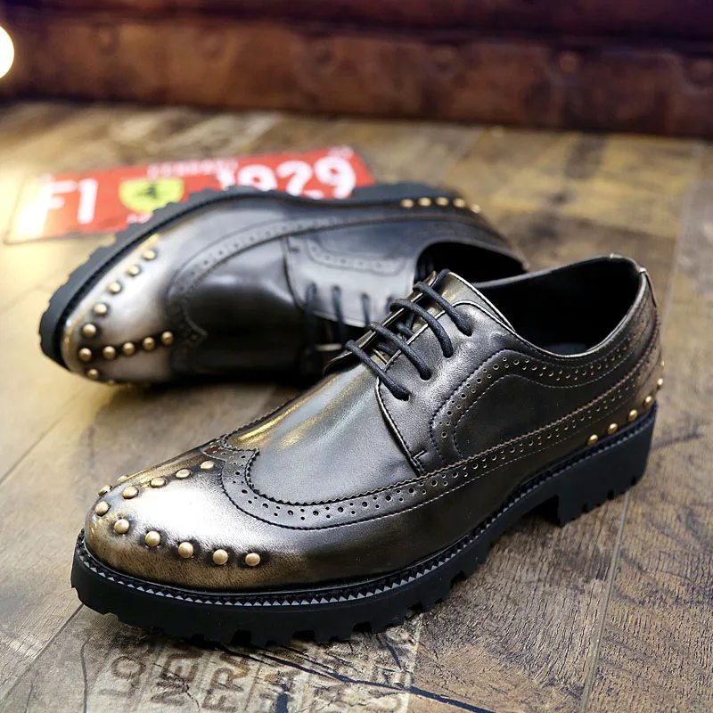 

Casual Shoes Men Fashion Dress Sneakers Trendy Rivets Lace Up Oxfords Shoes Mens Shoes Silver Brogue Shoes Men Wedding Footwear