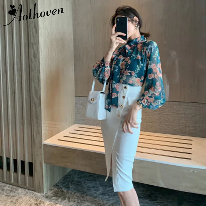 

2 Piece Set Women Suit 2019 Autumn Print Long Sleeve Blouse Shirt Tops and White Pencil Skirts Crop Top And Skirt Two Piece Set