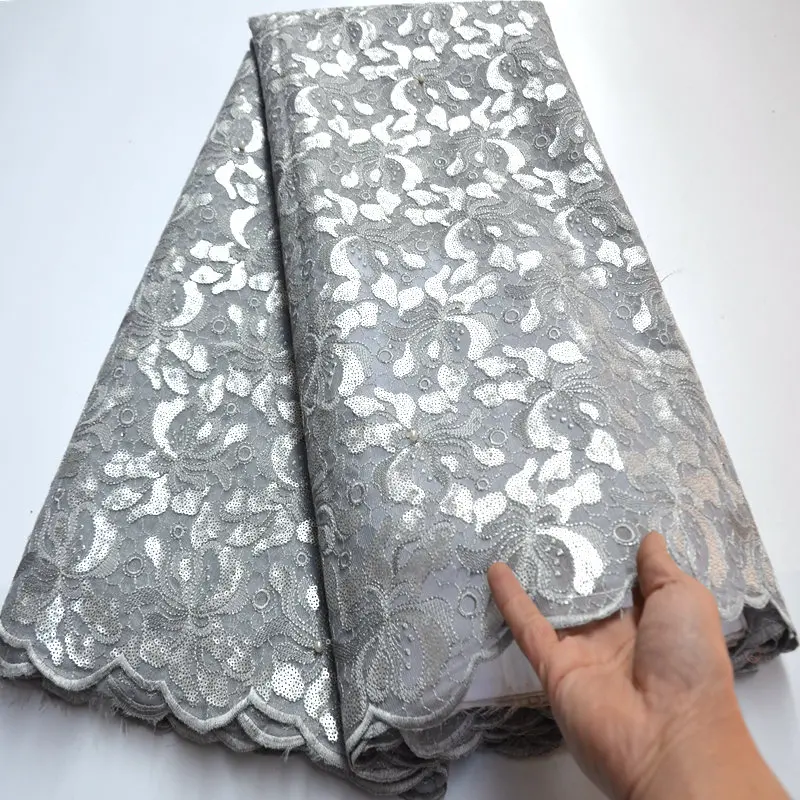 5 ярдов серое Настоящее французское кружево с вышивкой люрексом африканский тюль