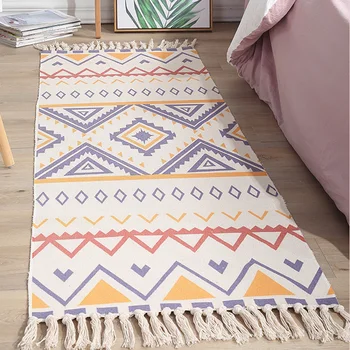 

Cotton and Linen Boho Carpet Mat Home Bedroom Floor Door Mat Bedside Tassel Blanket E2S